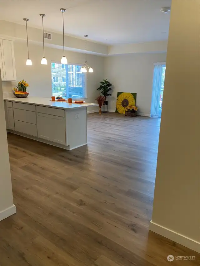 Hard surface flooring throughout home, easy care vinyl plank.