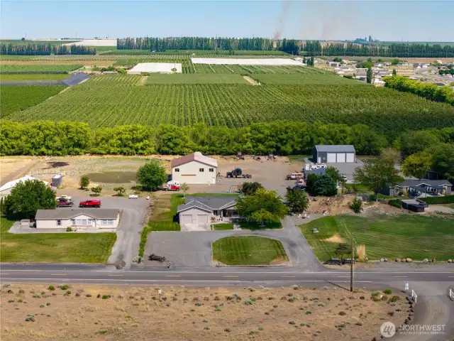 Aerial view facing orchards.