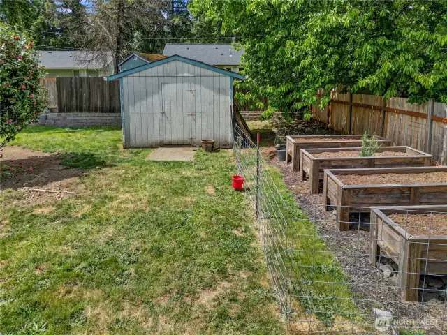 Backyard gardener’s dream!  This fully fenced area features raised garden beds ready for planting, plus a storage shed for all your tools and supplies. Plenty of space to grow, gather, and enjoy!