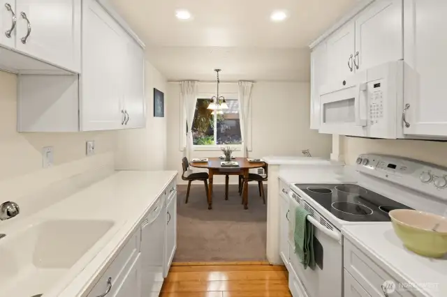 The kitchen opens into the dining room.