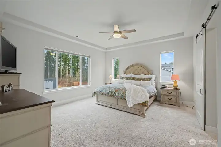 A peaceful primary retreat with plenty of room to unwind, featuring soft natural light, a ceiling fan, and a beautifully open layout.