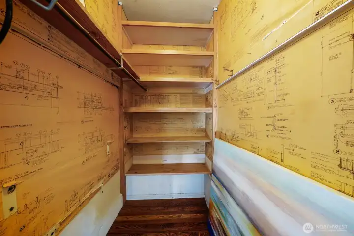 Walk-in closet off the living room, once used for office.