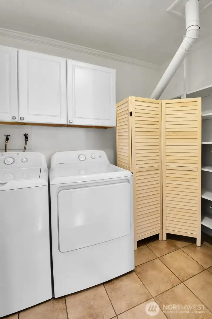 Washer/Dryer utility with walk-in pantry, storage