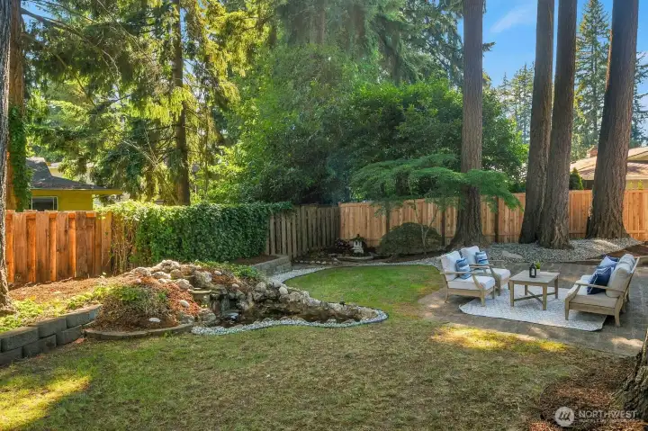 Spacious lawn off stone patio.  Notice the Reflection Pond fountain in back corner near Japanese Vine Maples
