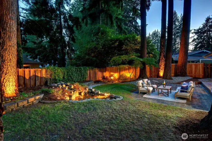 At sundown, the backyard comes to life!  Hush!  It's as quiet as it looks yet 2 blocks to Kingsgate Village Shopping Center.