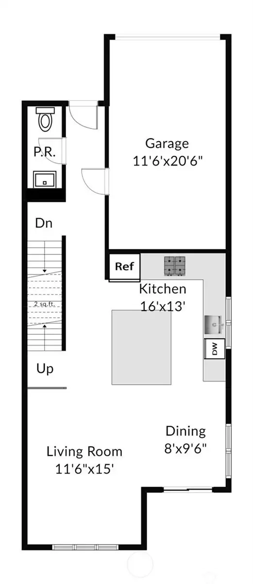 Main Floor - showing location of main entry, kitchen, living area, dining area, deck and powder room.
