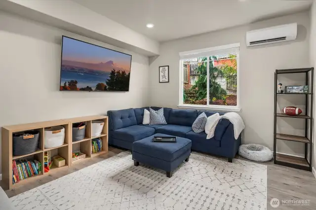 2nd View of Family Room on lower level has a large picture won and built in flat screen TV.  Split Heat/AC unit offers comfortable year round climate control.