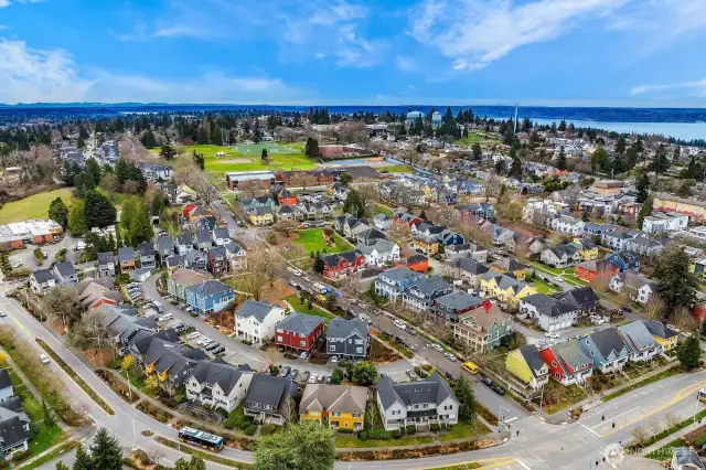 Ariel view looking South shows West Seattle Elementary school, parks and trails.