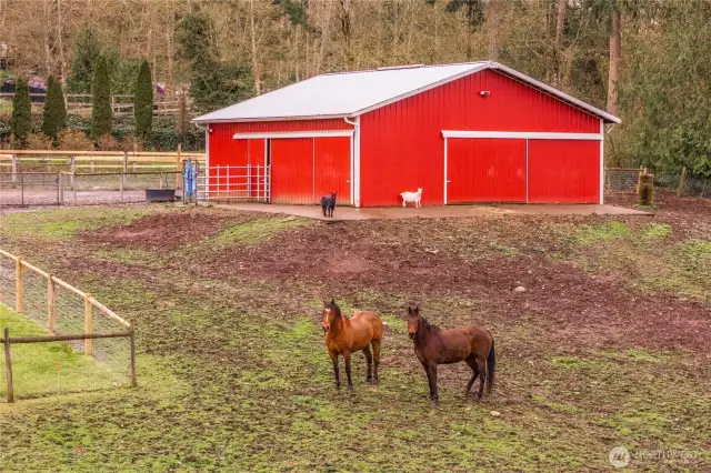 36' x 36' Barn features 3 stalls with glider doors, tack room and an upstairs 8 ton capacity hay loft