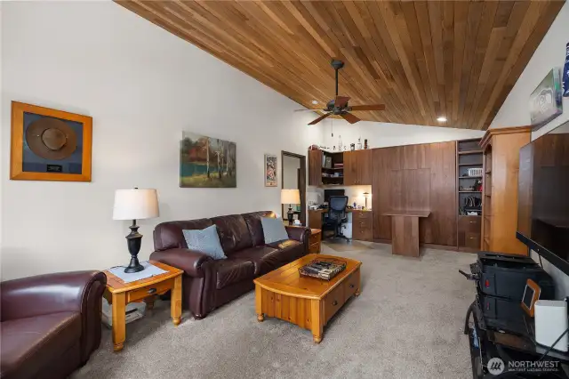 Ceiling and fan are repurposed from the original cabin that was on the property.