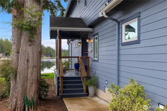 Front door entry, covered, trex deck.