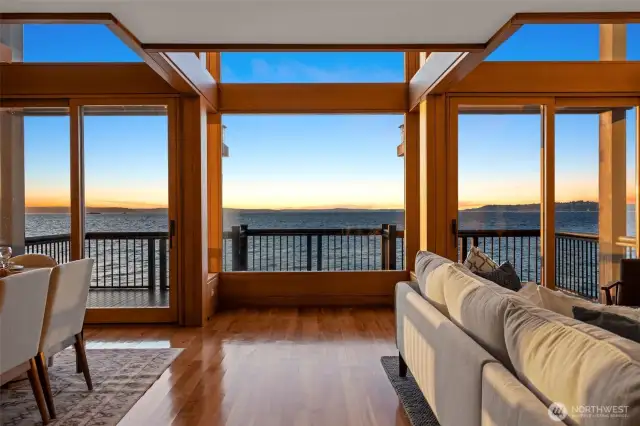 The living room offers sweeping views of Puget Sound and Elliott Bay.