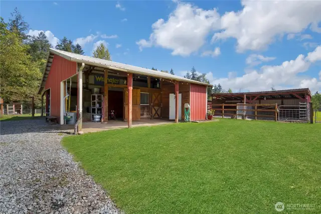 close up of 2 stall barn, tack room, hay storage, grooming area.extra room in the back for all your equipment