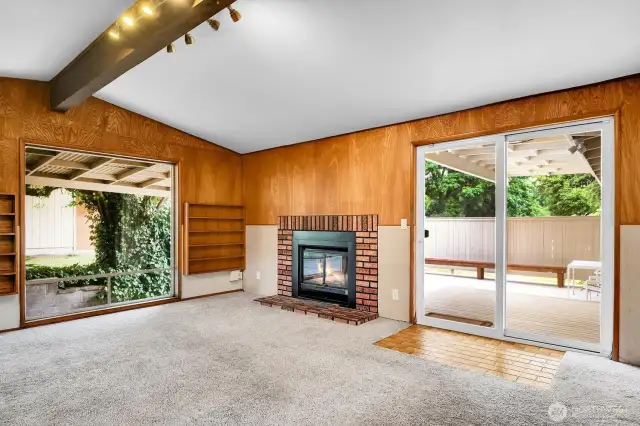 Familyroom with wood burning fireplace