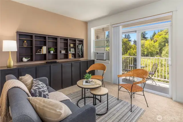 Built-ins in the living room provide character and extra storage.
