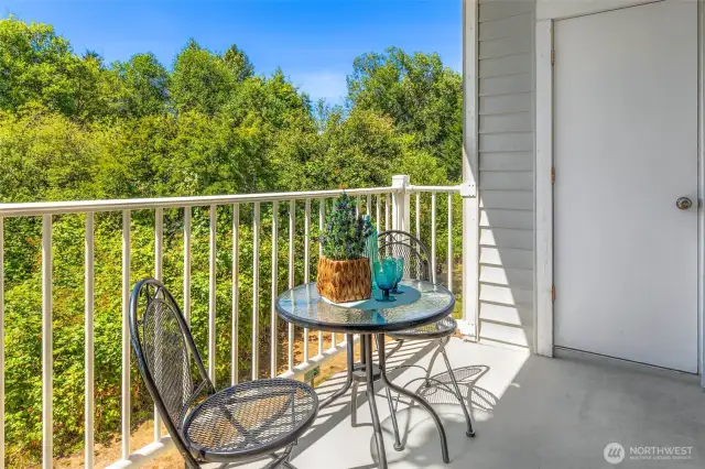 Private balcony with storage closet and views of the surrounding greenery.