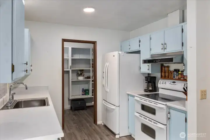 Kitchen features updated LVP flooring and a spacious walk-in pantry and utility room. All appliances stay.
