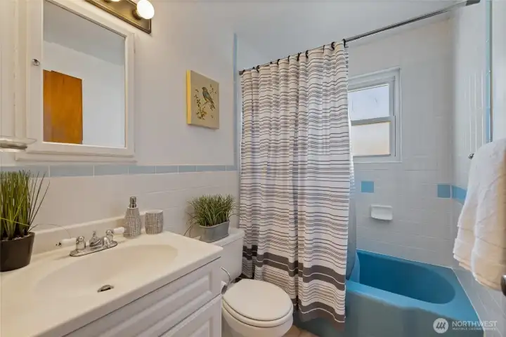 Vintage powder blue tub with two tone tile.