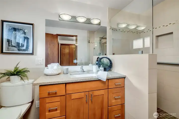 Priamary bathroom with step in shower.