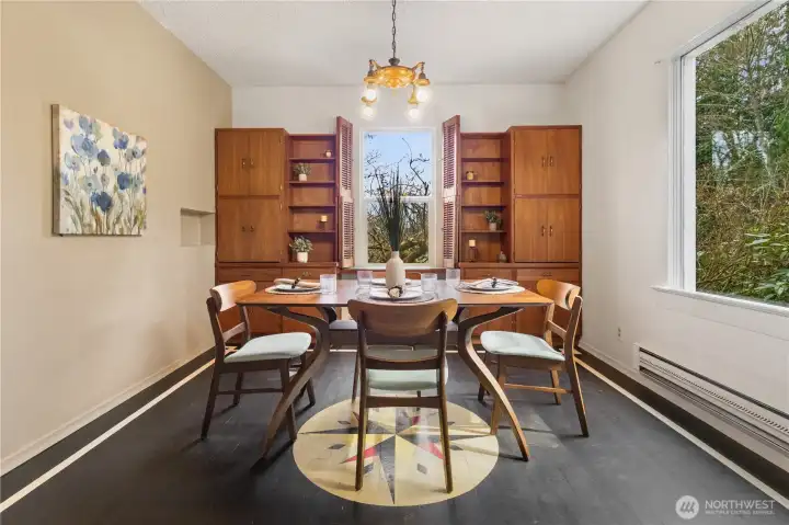 Dining room with built-in buffet & bookcase