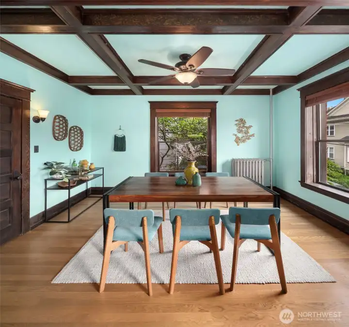 The dining room with box beam ceilings is large enough for a proper dinner party and could also be used in many other ways. This room has been used for dining, office space and even a bedroom! The dining room with box beam ceilings is large enough for a proper dinner party and could also be used in many other ways. This room has been used for dining, office space and even a bedroom!