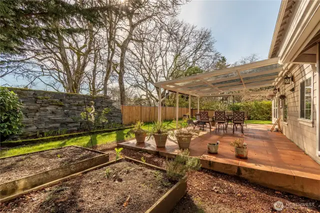 Raised beds, view of side yard.