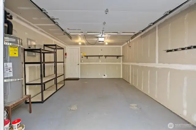Garage includes storage shelving