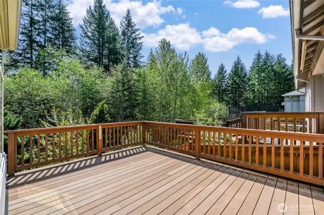 The large Trex deck is off the sunroom and has room for a BBQ and dining.