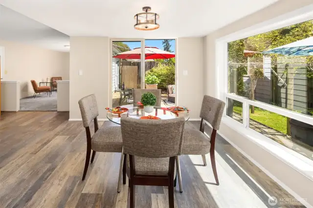 Dining area boasts fresh lighting upgrades and a beautifully bright atmosphere