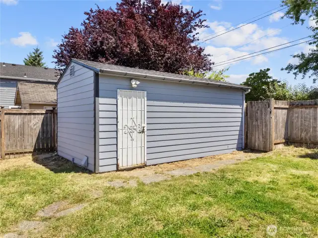 Detached garage currently being used as storage. Has power and A/C