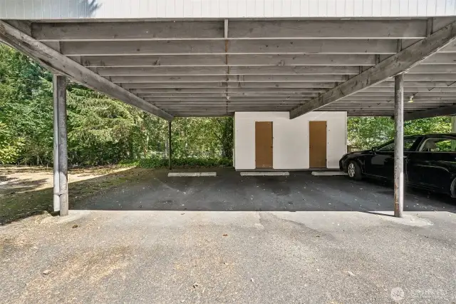 Covered 2 car carport with additional outdoor storage directly in front of unit.