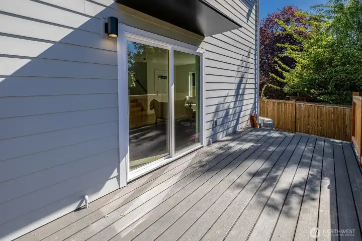 Enjoy this huge deck right off your living room and kitchen! (railings are going up).  Easy access to the large, private back yard!!
