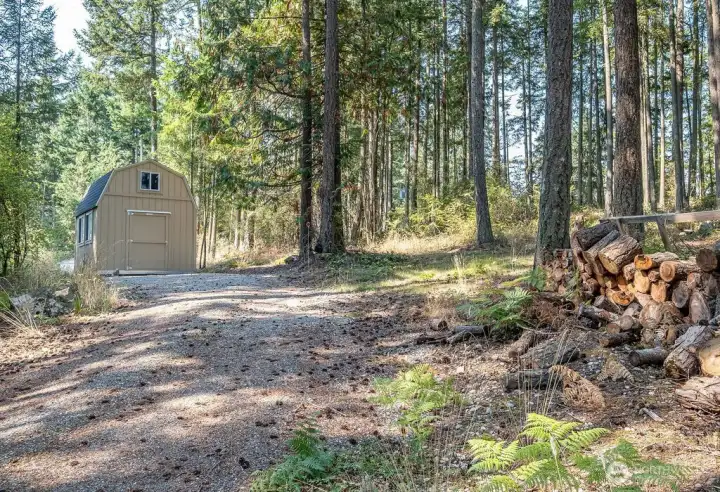 TuffShed on the east (to the right) as you approach the cabin.