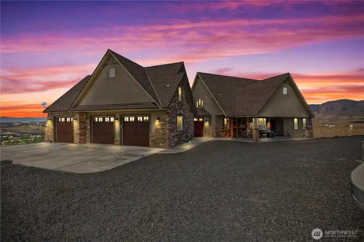 Front of home and garage twilight
