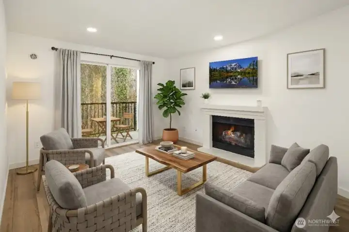 Living room, meticulously staged, where comfort meets craftsmanship. Virtually staged.