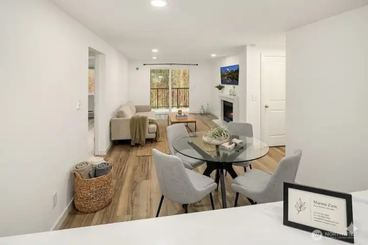 Dining an living room connected. Virtually staged to imagine how it could look.