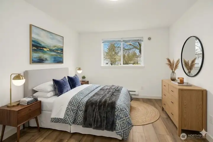 South facing bedroom virtually staged. South facing bedroom virtually staged.