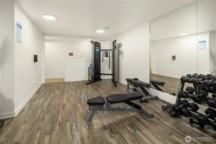 Gym in the clubhouse, with convenience of showers and locker rooms. Let's get strong!