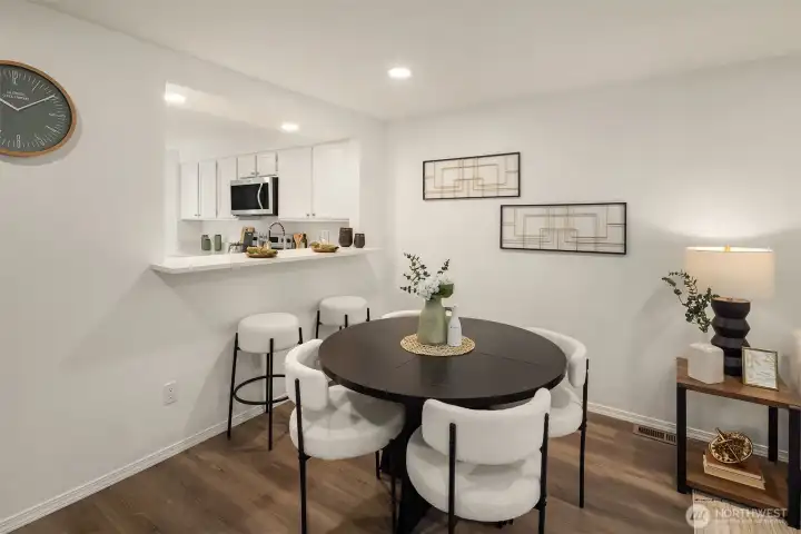 Convenient bar top offers additional seating space.