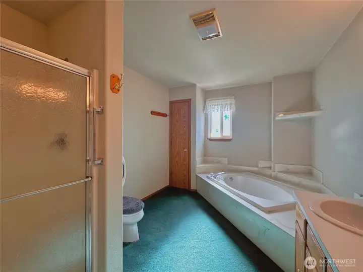 Primary ensuite featuring dual vanity, walk-in shower and a spacious soaking tub, creating a peaceful, private escape.