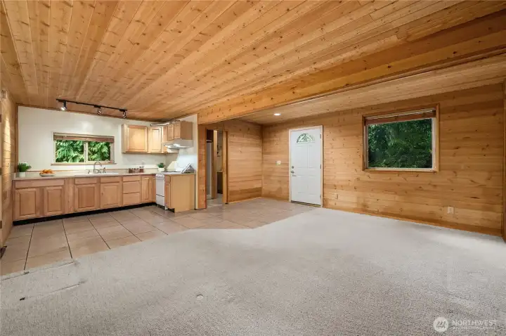 This space is very functional and feels cozy, like a cabin nestled in the woods.