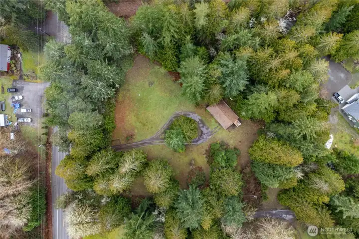 Aerial View showing the natural privacy on the lot.