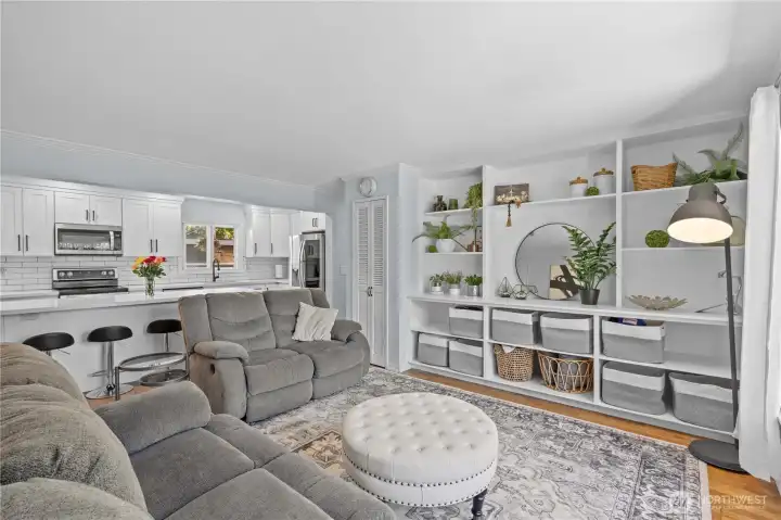 Upon entering, you'll find built-ins in the living room.