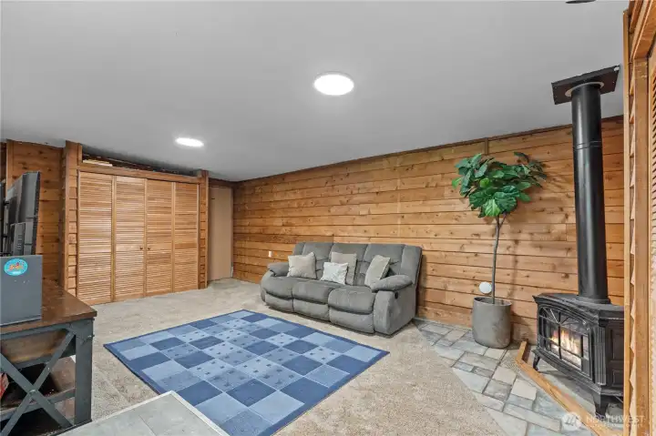 Family room at the back of the house has a gas stove.