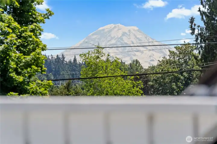 Rooftop deck has views of the mountain.