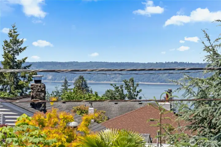 Rooftop deck has a view of the sound.