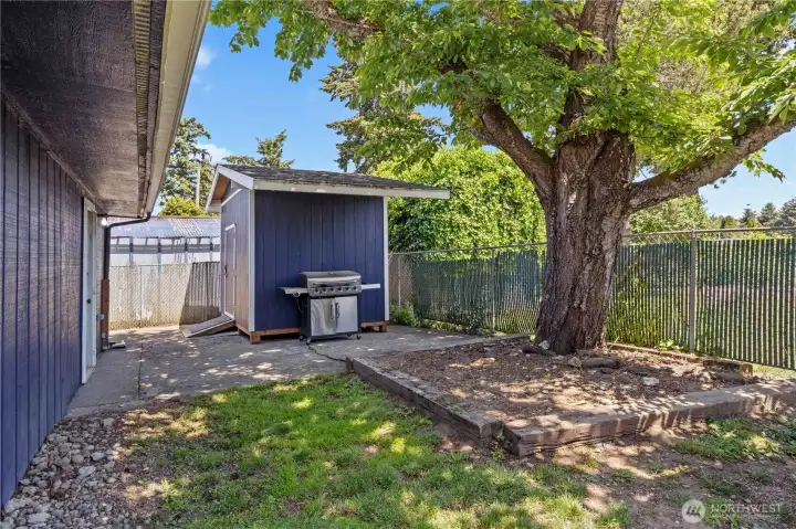 Backyard storage shed also offers covered shelter for BBQ space.