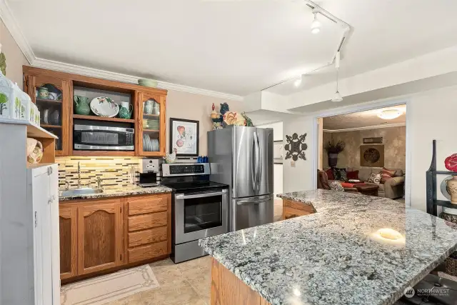 Basement kitchen with slab granite countertops and stainless steel appliances