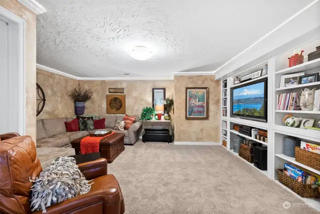 Basement family room with custom built in TV surround