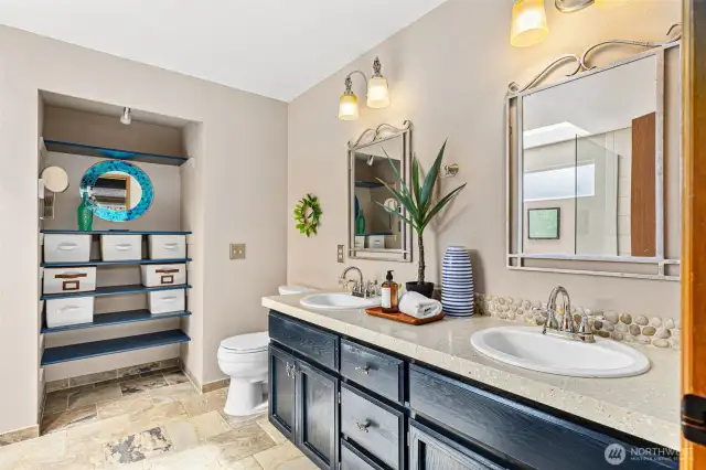 Modern colors, tile, fixtures and open shelving.
